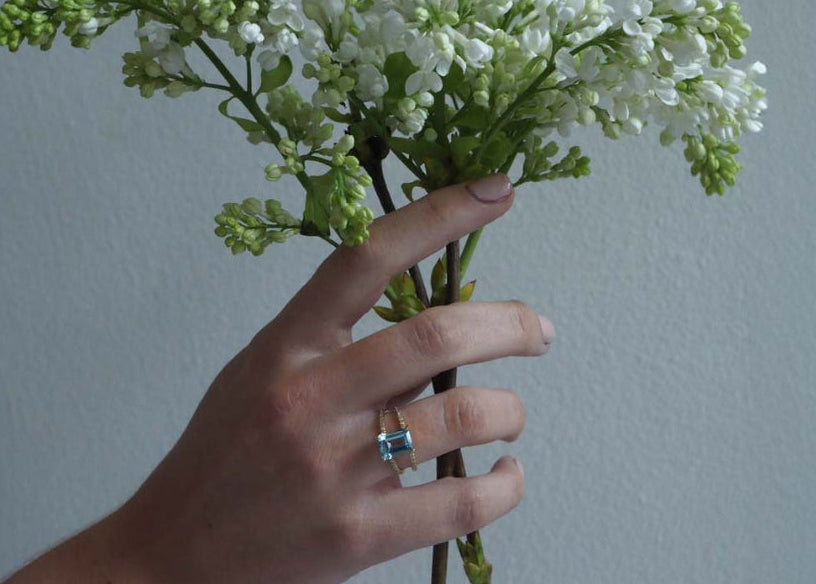 Emerald-cut Aquamarine and Diamond Ring in Yellow Gold, handcrafted in London