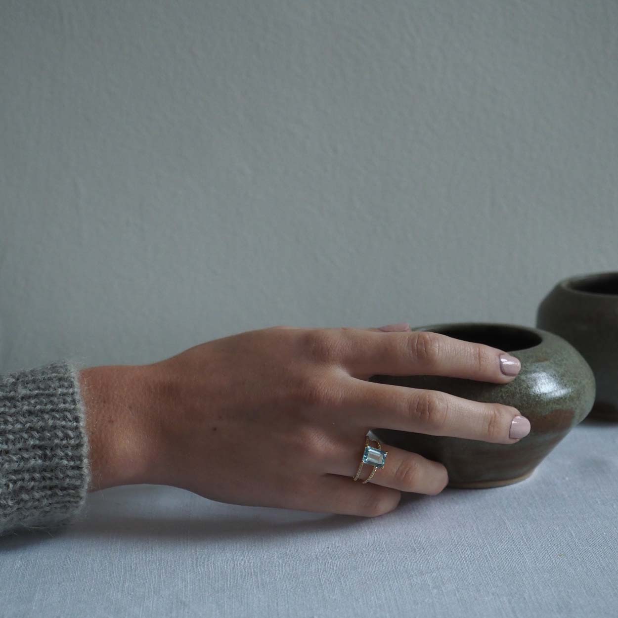 Emerald-cut Aquamarine and Diamond Ring in Yellow Gold, handcrafted in London