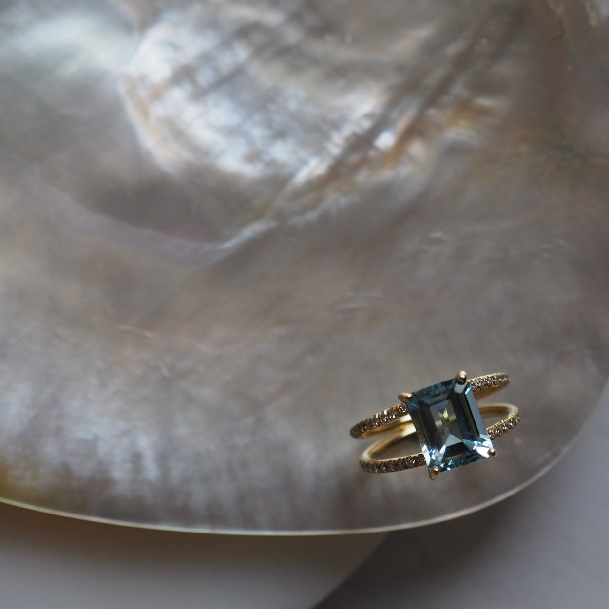 Emerald-cut Aquamarine and Diamond Ring in Yellow Gold, handcrafted in London