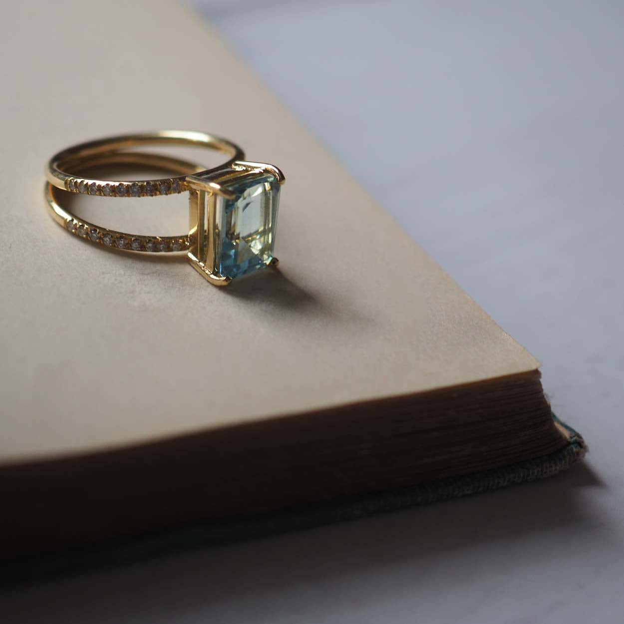 Emerald-cut Aquamarine and Diamond Ring in Yellow Gold, handcrafted in London