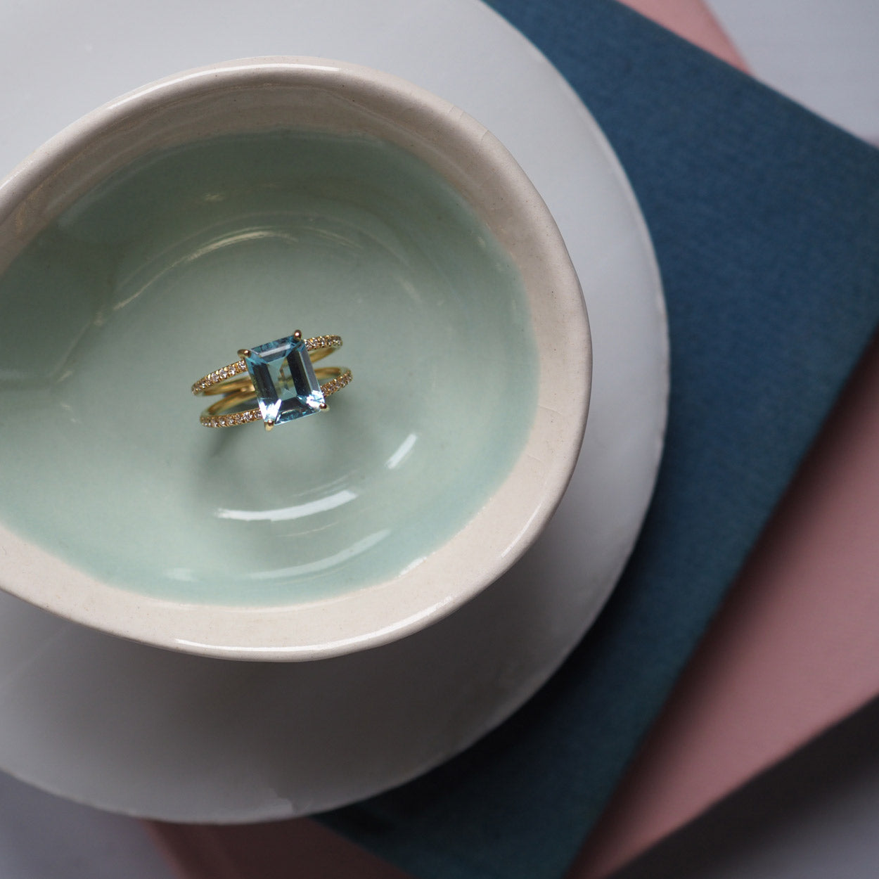 Emerald-cut Aquamarine and Diamond Ring in Yellow Gold, handcrafted in London