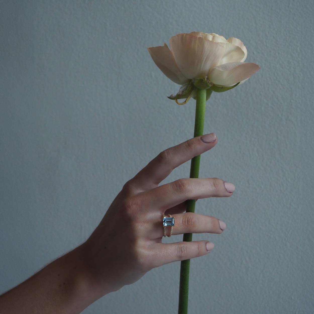 Emerald-cut Aquamarine and Diamond Ring in Yellow Gold, handcrafted in London