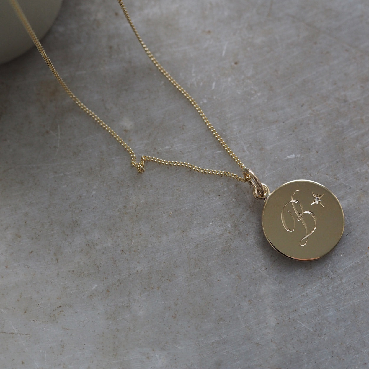Diamond Initial Necklace in Solid Yellow Gold with Victoriana Star-Setting and Hand-Engraved Detail