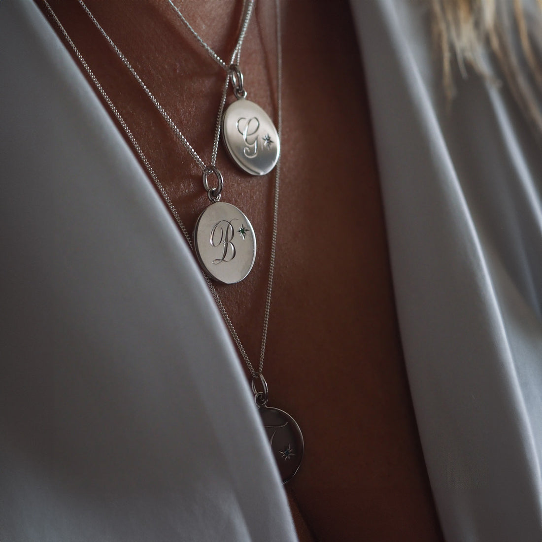 Star-Set Topaz Birthstone Initial Necklace in Sterling Silver with Hand-Engraved Detail