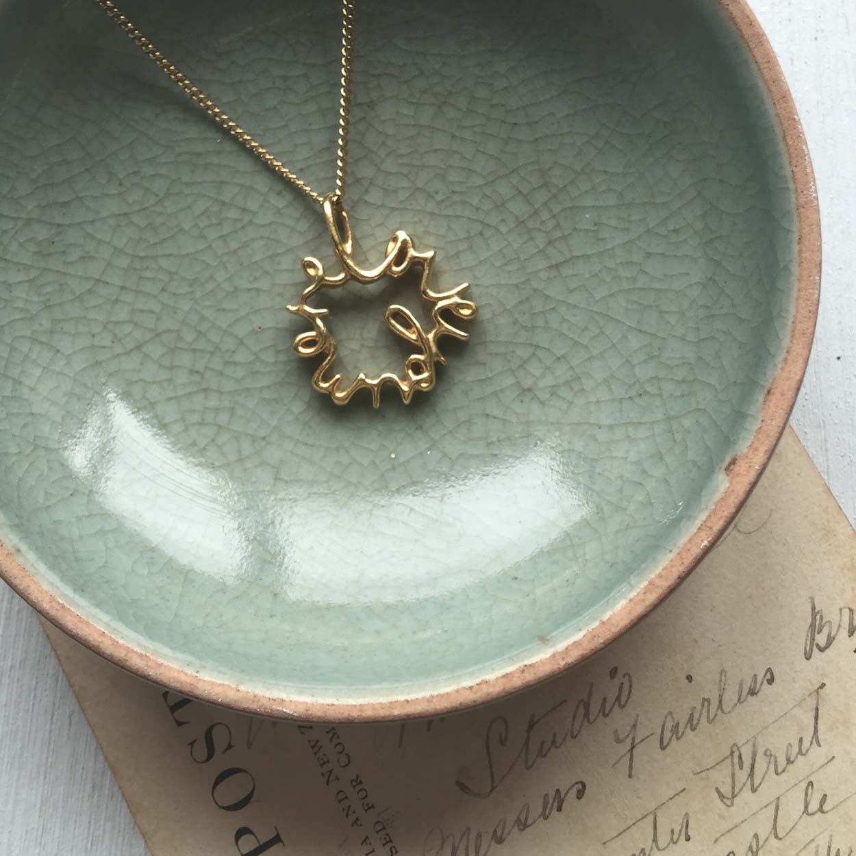 Love You More Petite Necklace in solid yellow, white, or rose gold — delicate gold pendant symbolising deep love and connection, handcrafted in London.