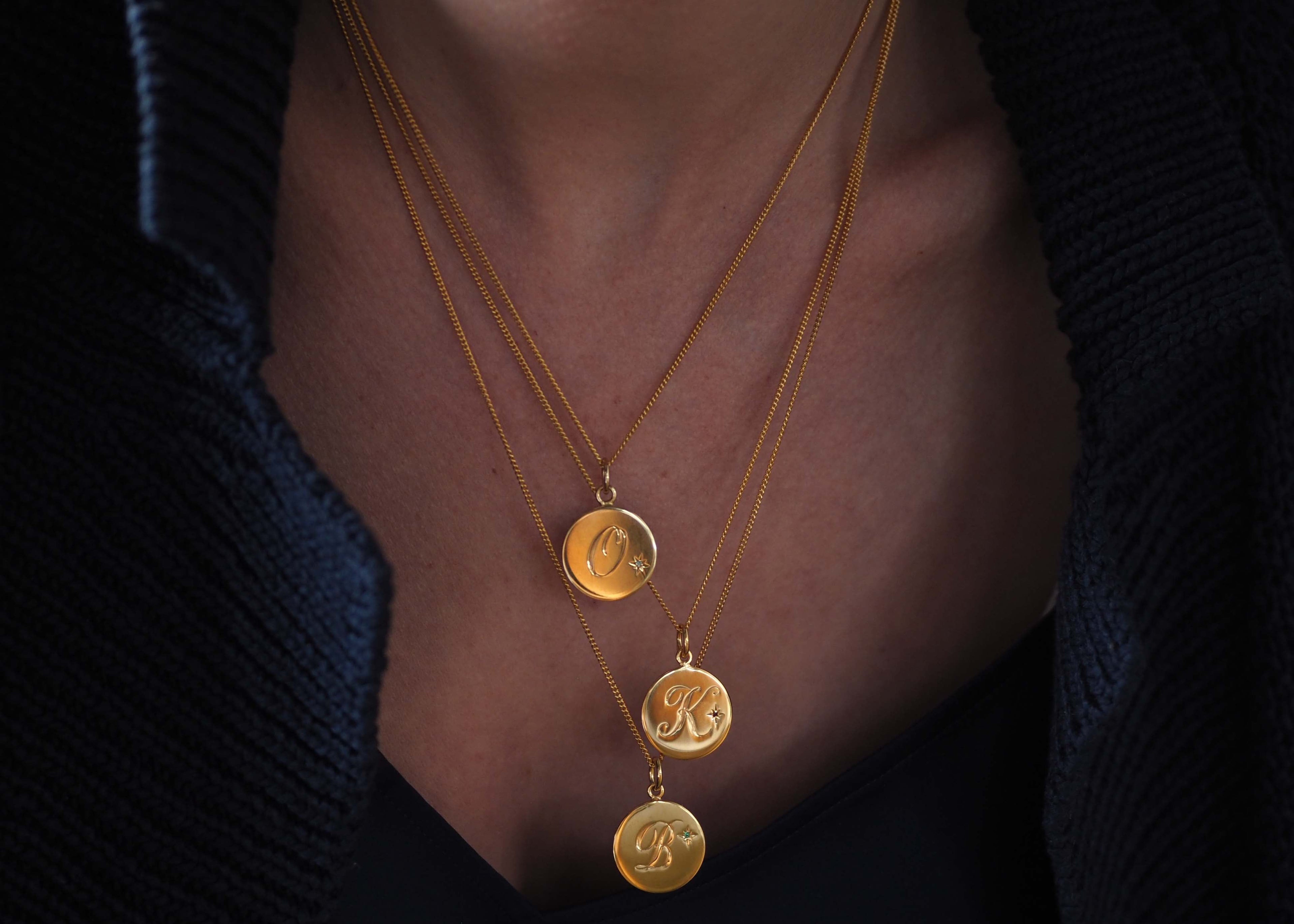 Diamond Initial Necklace in Yellow Gold Vermeil with a hand-engraved scrolled initial and a brilliant-cut diamond in a Victoriana star-set setting. A timeless piece for celebrating cherished memories.