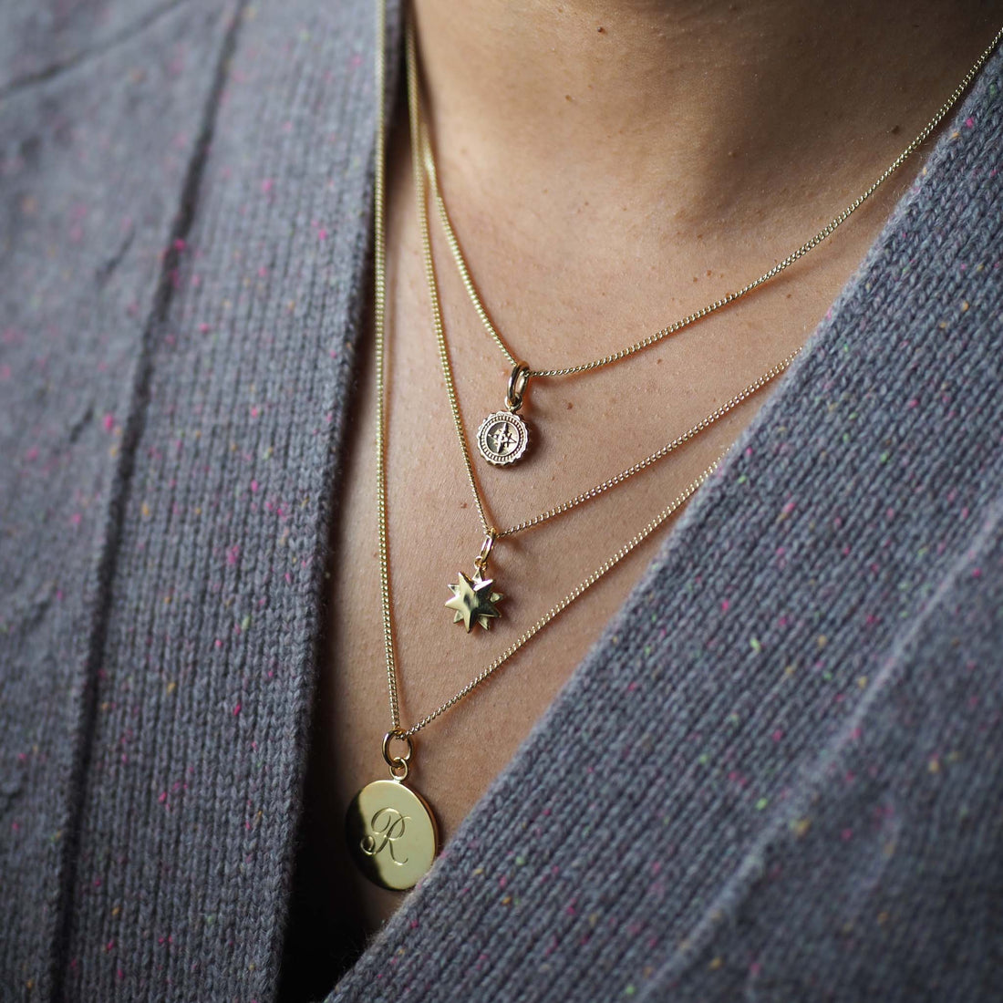 Gold Vermeil Initial Necklace with a hand-engraved scrolled initial, symbolising love and cherished connections. Inspired by Victorian love tokens.