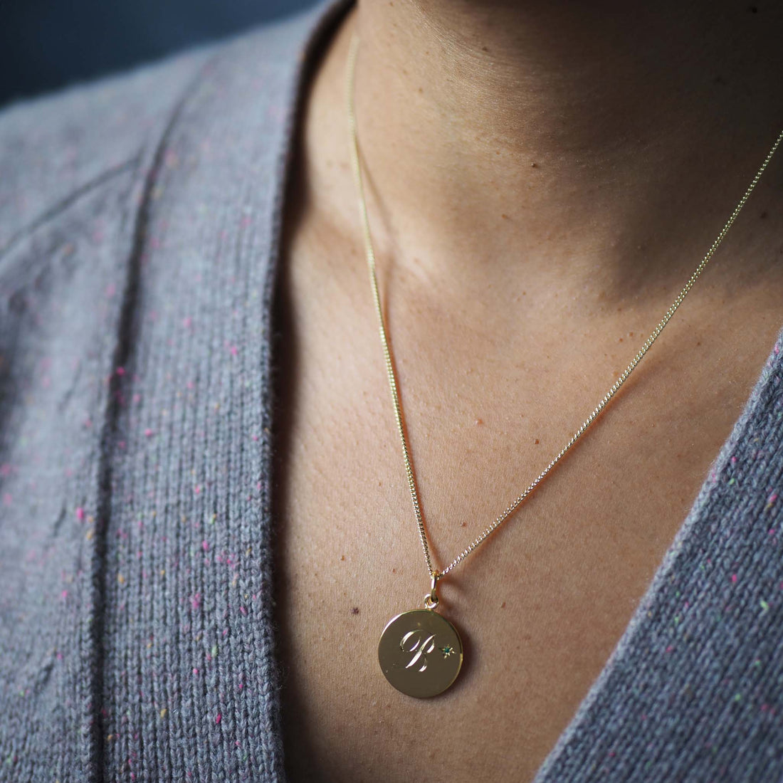 Bianca Jones Star-Set Emerald Birthstone Initial Necklace in Gold Vermeil with Hand-Engraved Detail