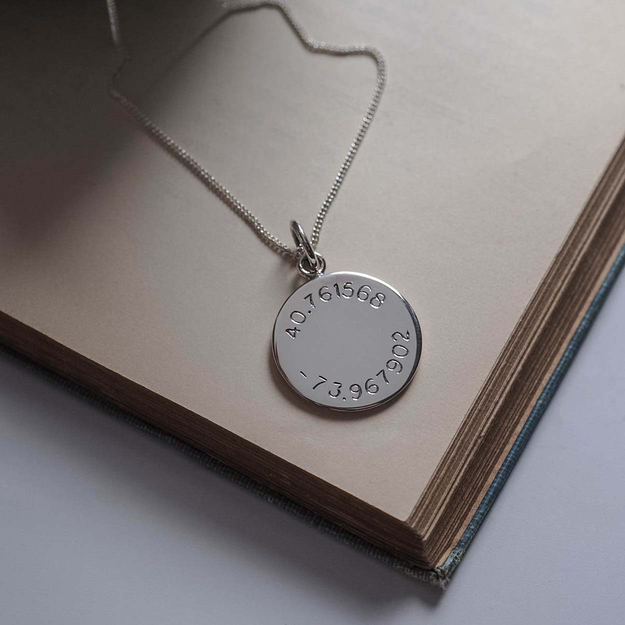 Bianca Jones Sterling Silver Necklace Hand-Engraved with Latitude and Longitude, Handcrafted in London