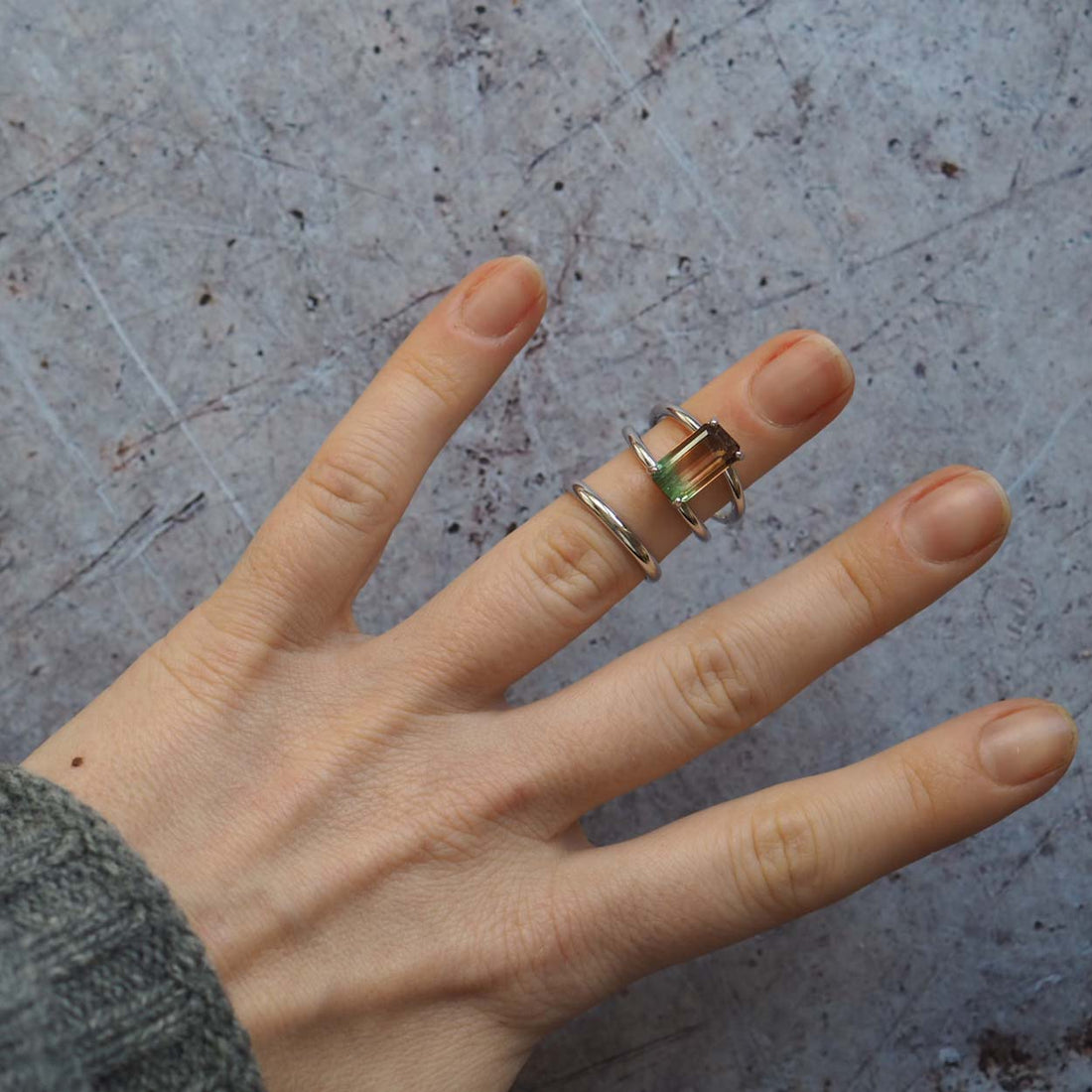 Bianca Jones Watermelon Tourmaline Engagement Ring with Claw Setting on Two White Gold Bands