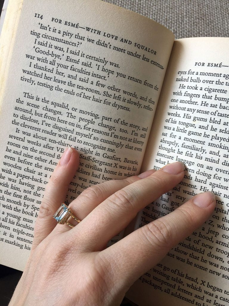 Emerald-Cut Aquamarine Ring by Bianca Jones Jewellery, London: aquamarine set on two handcrafted yellow gold bands.