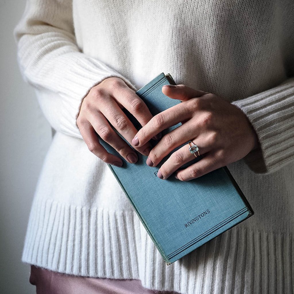 London-crafted Bridal Emerald-Cut Aquamarine Ring by Bianca Jones Jewellery, set on twin white gold bands.