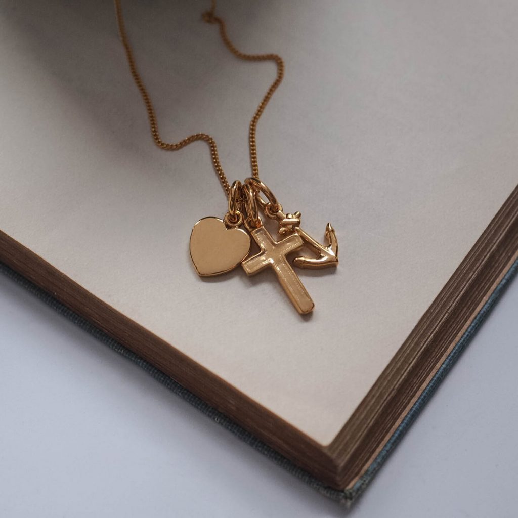 Bianca Jones Jewellery handcrafted Faith, Hope, Charity Necklace in Sterling Silver or 18ct Gold Vermeil with Symbolic Charms