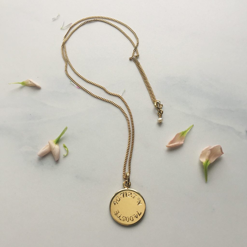 Latitude and Longitude Necklace in Yellow Gold Vermeil, hand-engraved with personalised coordinates. A meaningful keepsake symbolising love and connection.