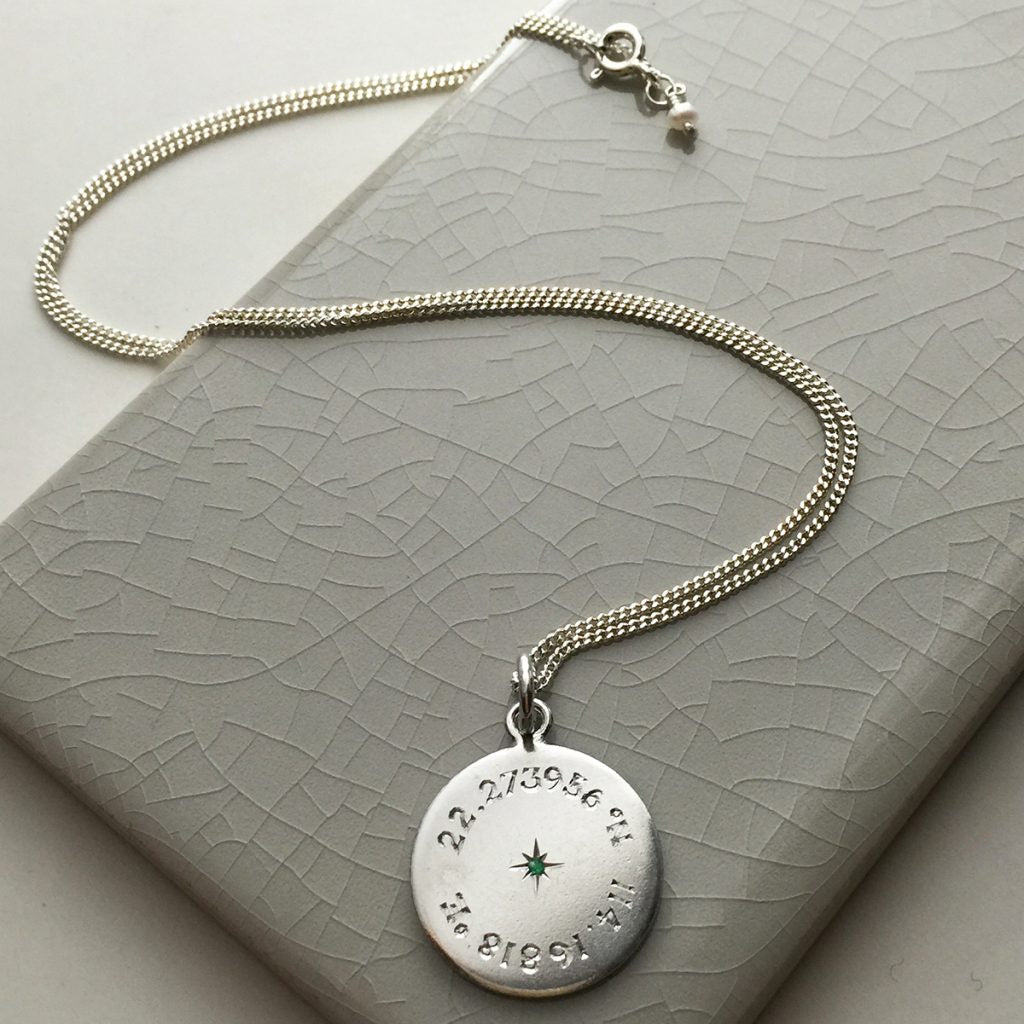 Birthstone Latitude &amp; Longitude Necklace in Sterling Silver