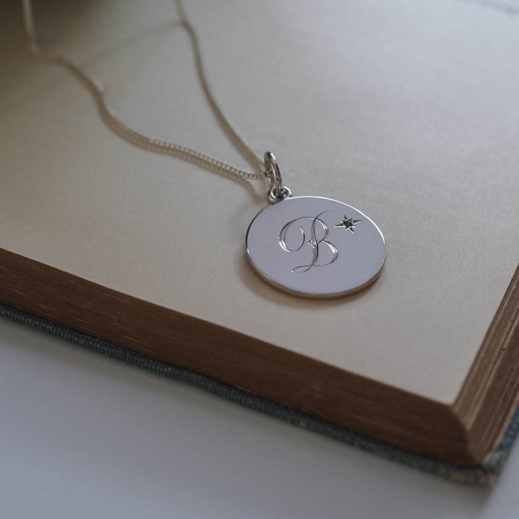 May Emerald Initial Necklace in Sterling Silver by Bianca Jones Jewellery
