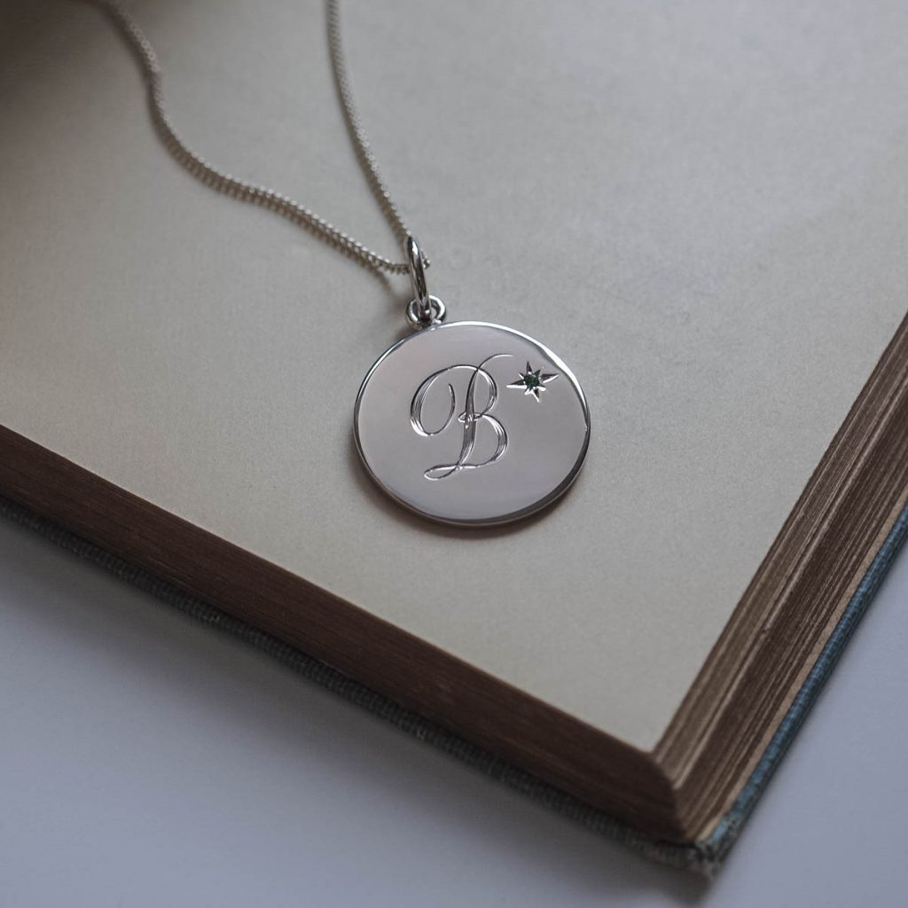 May Emerald Initial Necklace in Sterling Silver by Bianca Jones Jewellery