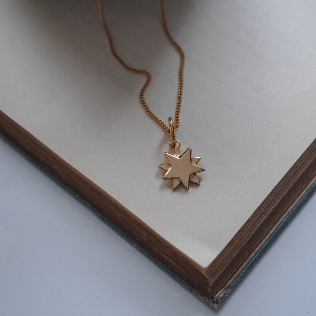 Celestial-inspired Starburst Necklace in solid silver or gold. Handmade in London, a timeless symbol of light, hope, and quiet strength.
