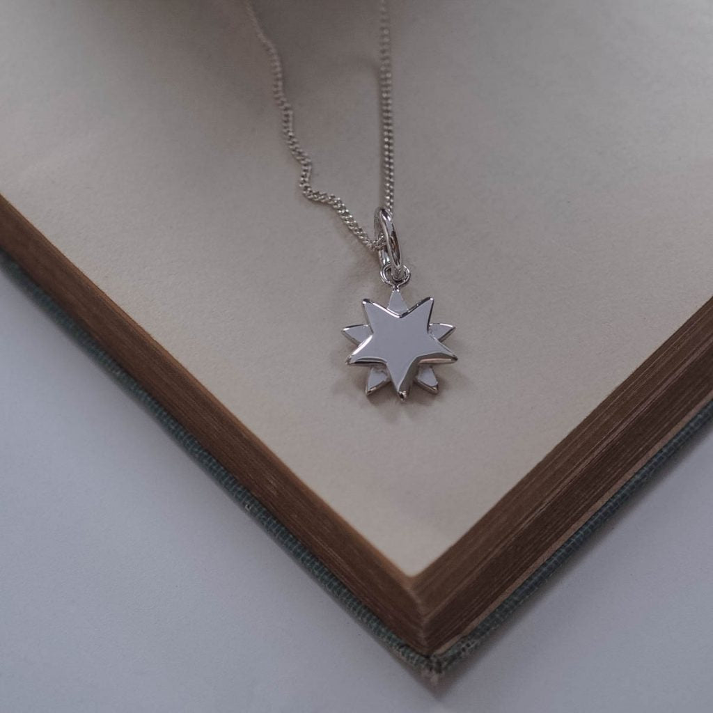 Celestial-inspired Starburst Necklace in solid silver or gold. Handmade in London, a timeless symbol of light, hope, and quiet strength.