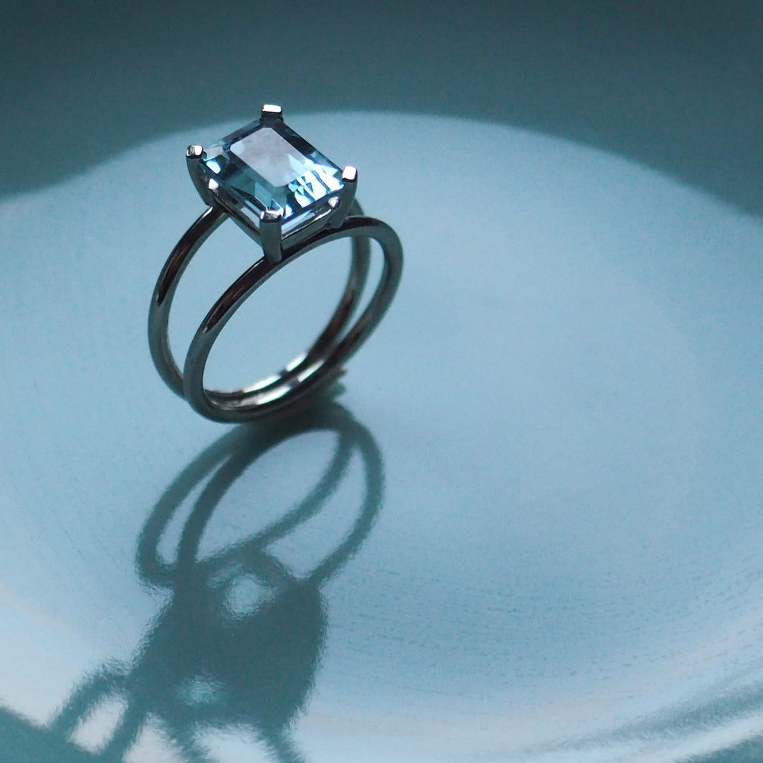 Aquamarine white gold ring handmade in London suitable for brides by Bianca Jones jewellery