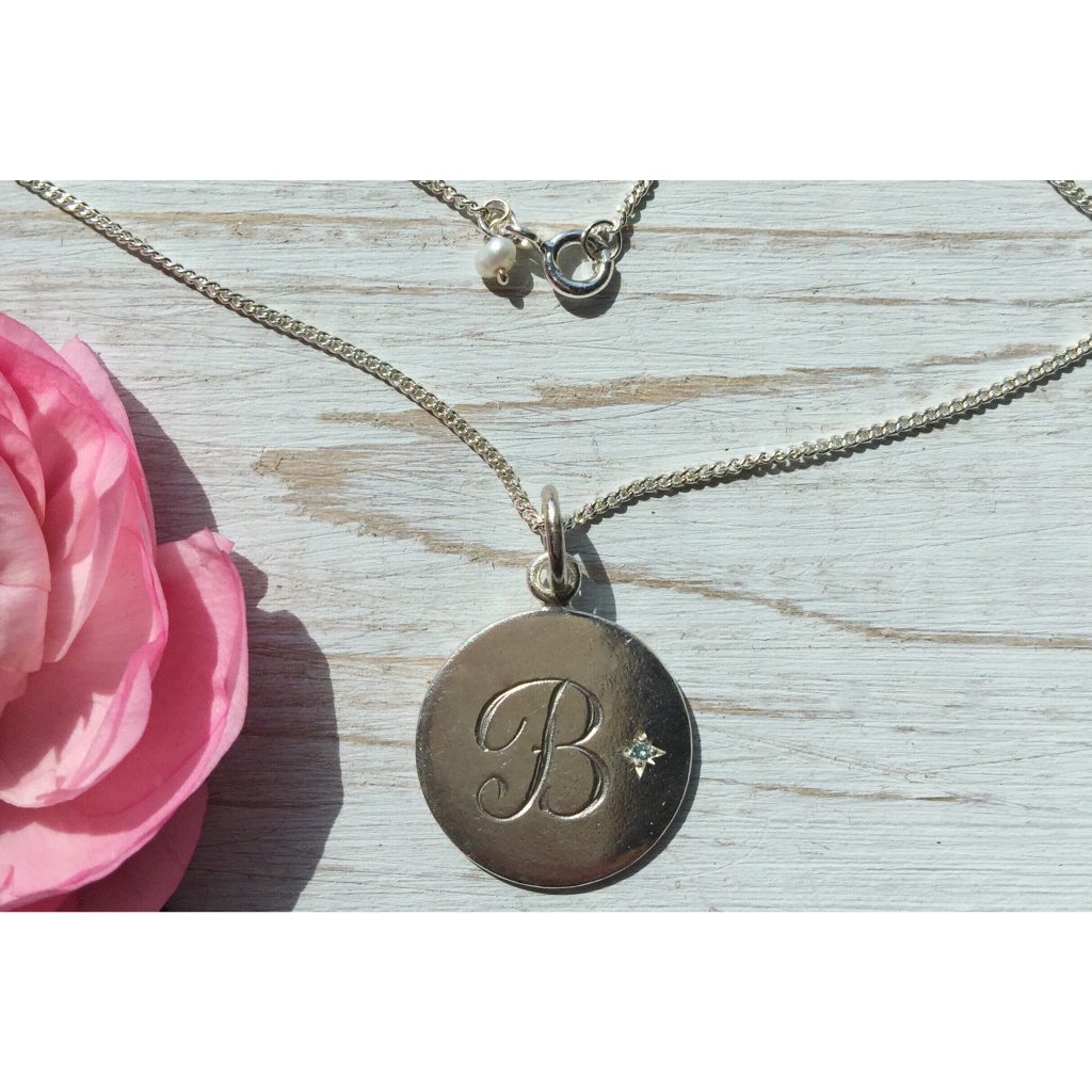 Bianca Jones Aquamarine Initial Necklace in silver, featuring a serene aquamarine gemstone and a hand-engraved initial.