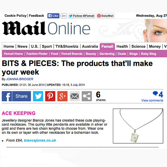 Bianca Jones Ace of Hearts Necklace featured on Daily Mail’s Bits & Pieces. Explore this quirky and playful pendant in silver or gold 