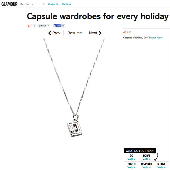 Bianca Jones Cassette Necklace featured in Glamour Magazine’s holiday wardrobe guide. Explore this retro-inspired pendant perfect for summer