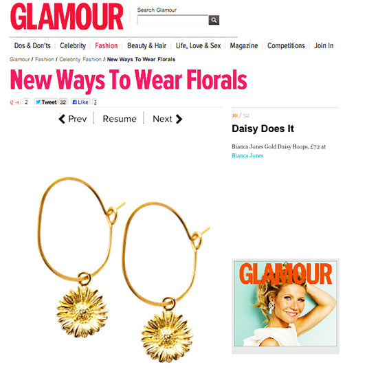 Bianca Jones Daisy Hoops in sterling silver, a stylish floral accessory featured in Glamour magazine.