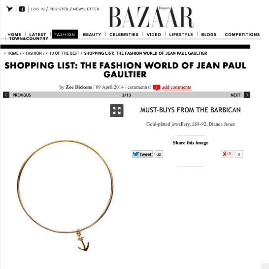 Bianca Jones Gold Vermeil Anchor Bangle Hits Harper's Bazaar Must-Buy List from the Barbican