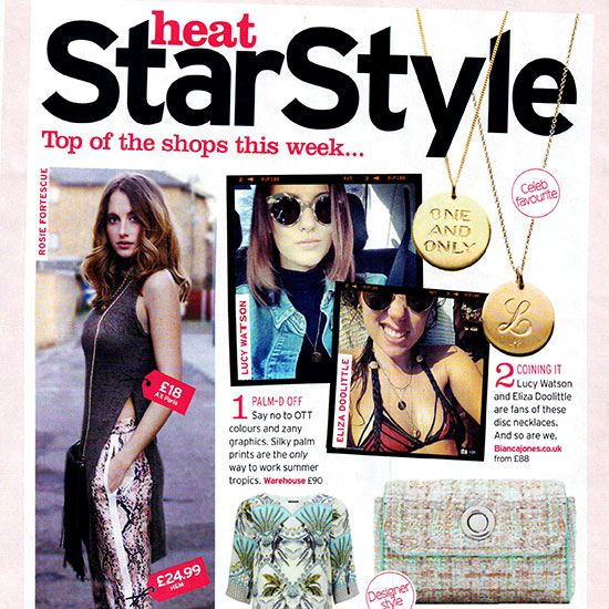 Lucy Watson wearing Bianca Jones' Diamond Initial Necklace, a stylish and personalised accessory perfect for adding a touch of elegance and individuality to any outfit. Featured in Heat magazine.