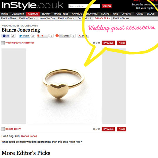 Bianca Jones Heart Ring Featured in InStyle Magazine - Wedding Guest Accessories