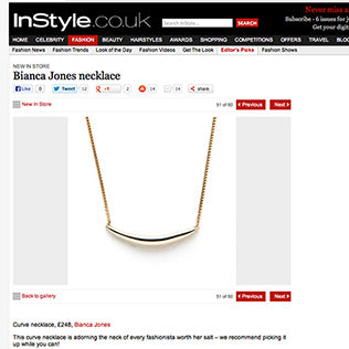 Bianca Jones Forever Strong Curve Necklace featured in InStyle Magazine’s “New Online” section. Stylish and elegant, this necklace is a must-have addition to your collection.