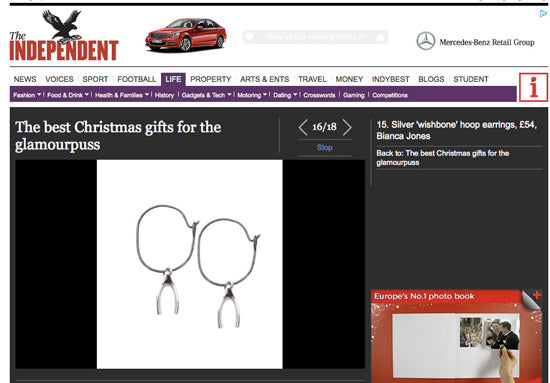 Bianca Jones Wishbone Hoops Featured in the Independent Christmas Gift Guide Online