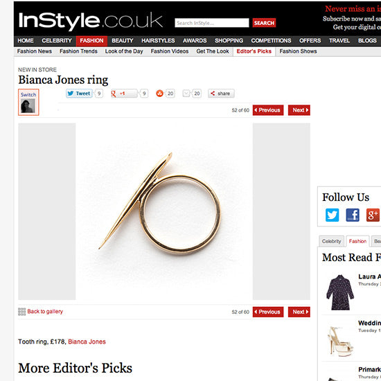 Bianca Jones Tooth Ring Featured in InStyle Editor's Picks