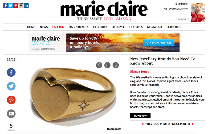 Gold Heart Signet Ring by Bianca Jones, featured in Marie Claire as a must-know jewellery brand, showcasing a timeless design with the option for a hand-set Diamond Star for added elegance.