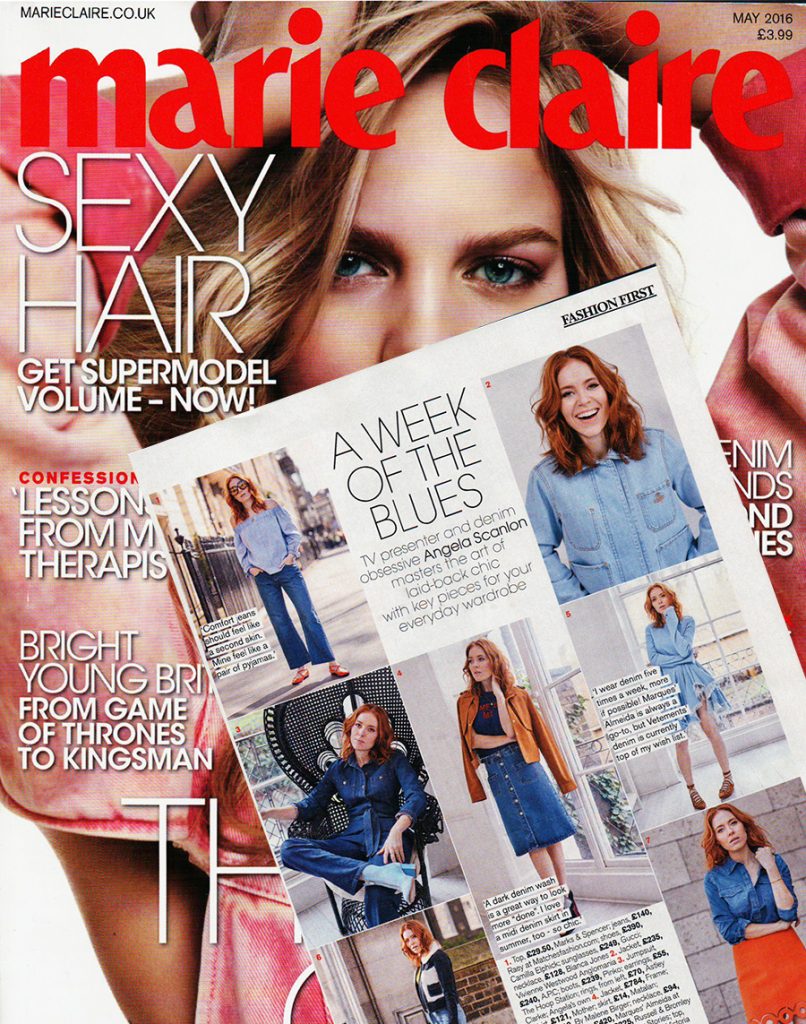 Angela Scanlon wearing a Bianca Jones Initial Pendant, paired with a chic double denim look featured in Marie Claire.