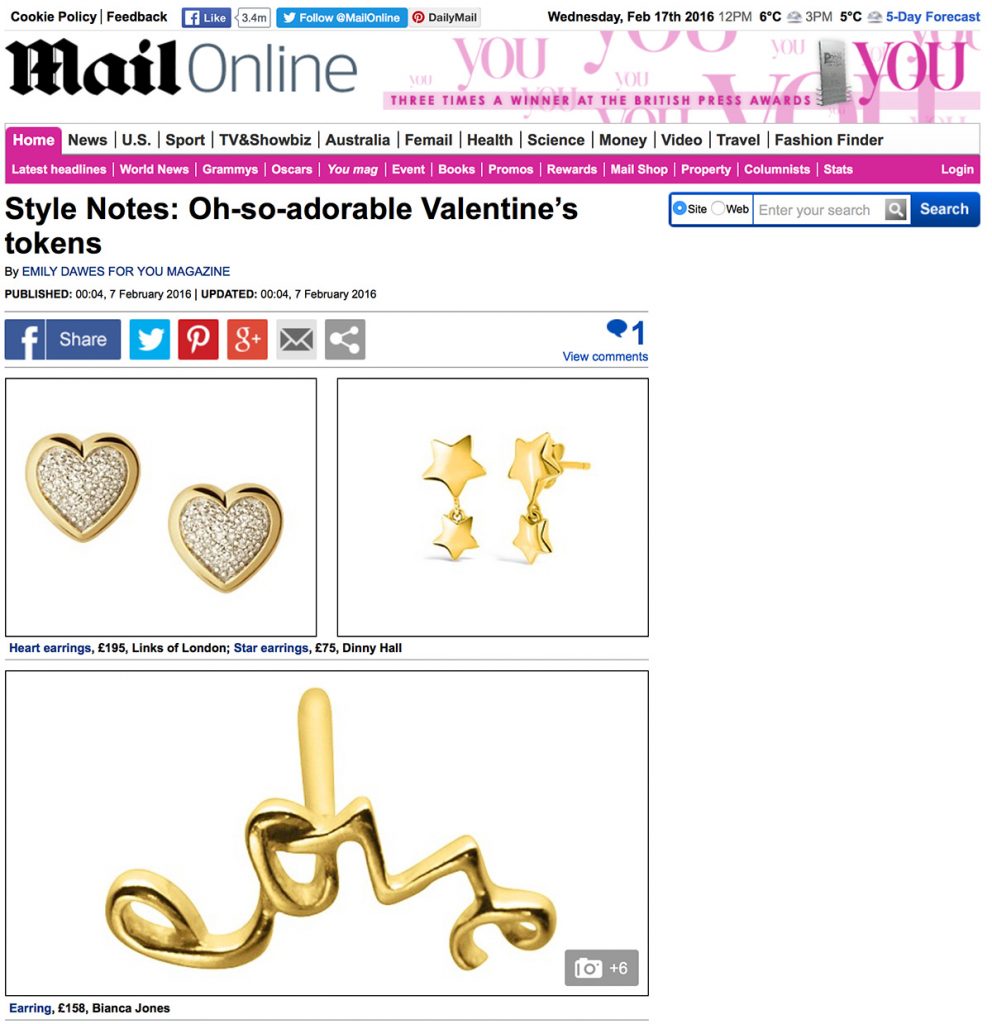 Bianca Jones' Love Stud Earrings, a timeless and elegant accessory, featured in the Daily Mail's Valentine’s Style Notes.