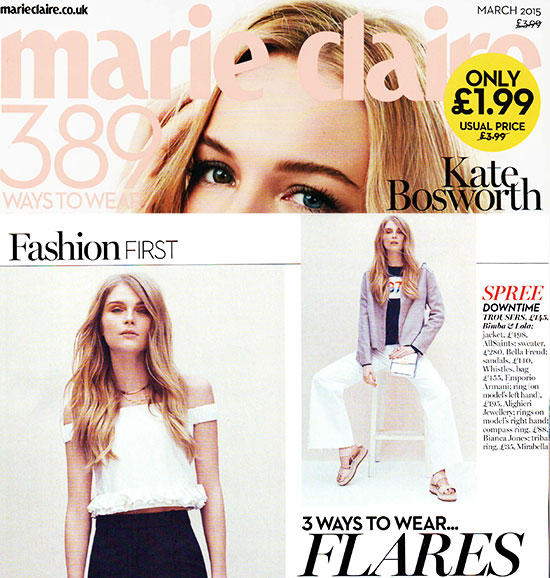 Bianca Jones' Gold Compass Ring featured in Marie Claire, elegantly displayed with flared trousers, symbolising timeless style and adventure.