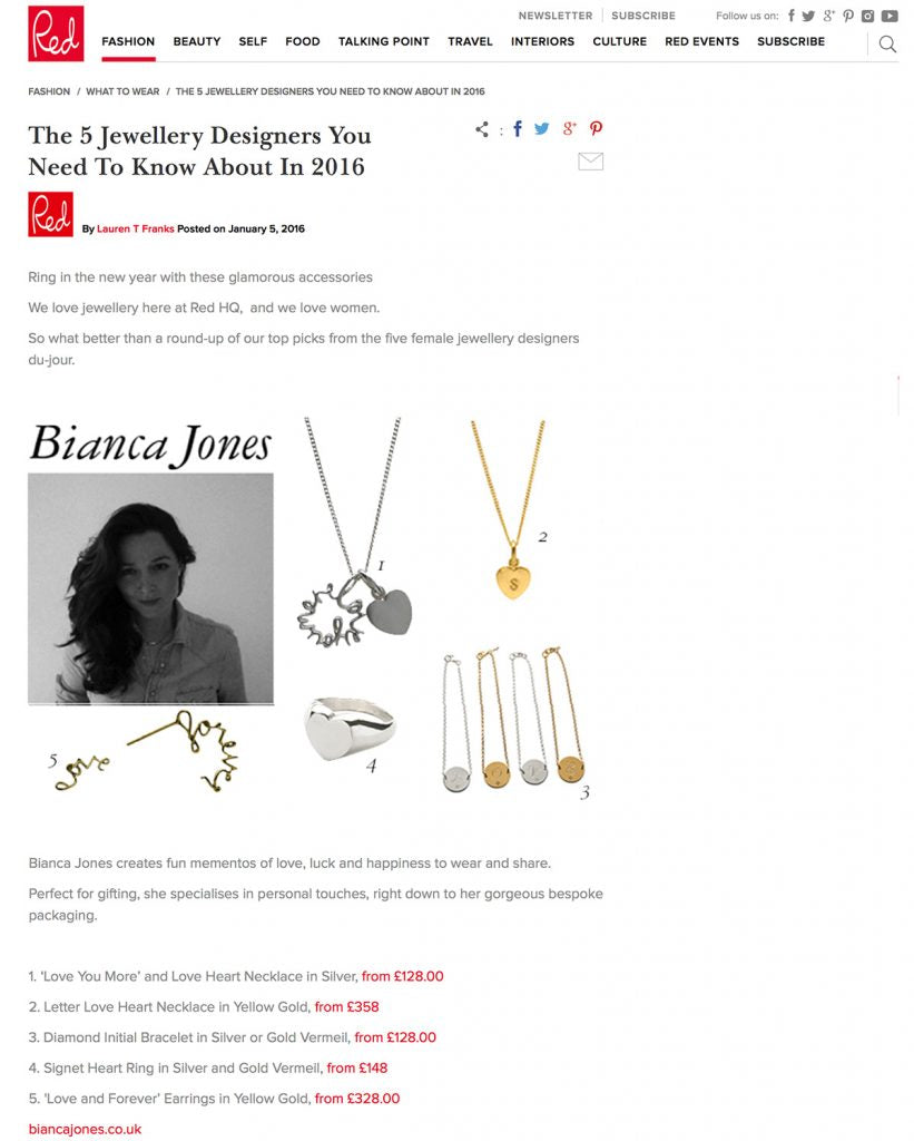 Bianca Jones' jewellery featured in Red Magazine's top five jewellery designers for 2016, showcasing personalized and meaningful accessories