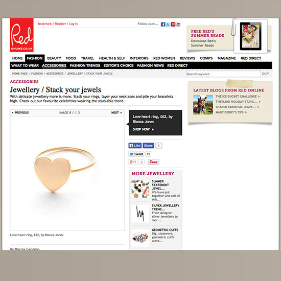 Bianca Jones Heart Signet Ring featured in Red Magazine’s edit of top jewels to stack. Explore this elegant ring and create your perfect layered look