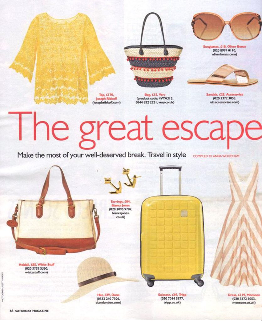 Bianca Jones' Gold Anchor Studs and Pendant, symbolizing adventure and nautical spirit, featured in Saturday Magazine's "The Great Escape.