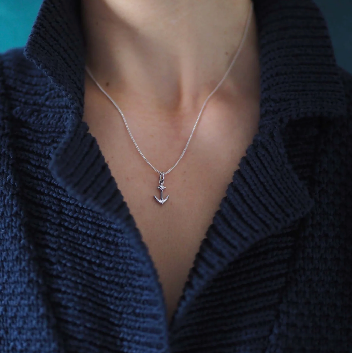 Close-up of the Anchor Necklace by Bianca Jones, symbolising luck, hope, and steadfastness.