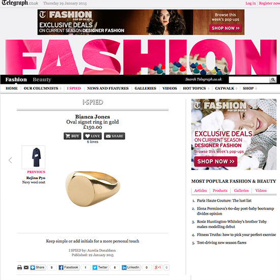 Bianca Jones Oval Signet Ring featured in Telegraph's I-SPIED Fashion section, showcasing a sleek and timeless design with options for personalisation.