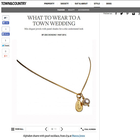 Bianca Jones Gold Initial Necklace with Pearl Charm, featured as ‘What to Wear to a Town Wedding’ by Town & Country. T