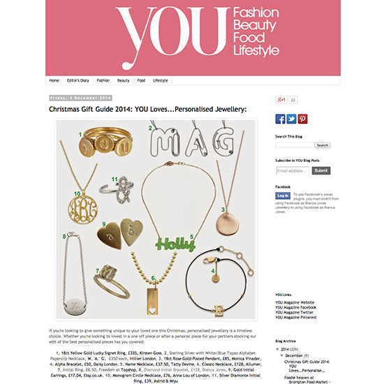 Bianca Jones Diamond Initial Alphabet Bracelet featured in YOU Magazine’s Christmas Gift Guide 