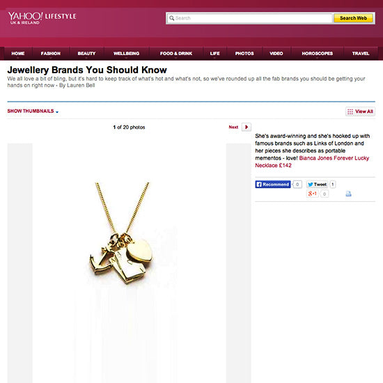 Bianca Jones Forever Lucky collection, highlighted in Yahoo! Lifestyle’s jewellery round-up. Featuring Ace, Heart, and Anchor designs, these pieces are celebrated as “portable mementos.”