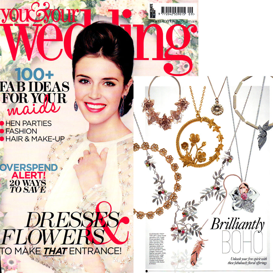 Bianca Jones’ Floral Daisy Pendant, ideal for boho-themed weddings, featured in You & Your Wedding magazine.