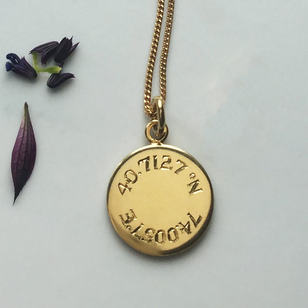 Detail of the Latitude and Longitude Coordinate Necklace by Bianca Jones, a unique personalised necklace marking a special place