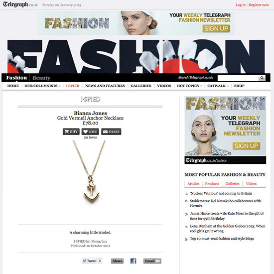 Bianca Jones Anchor Necklace featured on Telegraph Fashion I Spied. Explore the necklace’s symbolic meaning of hope, stability, and new beginnings