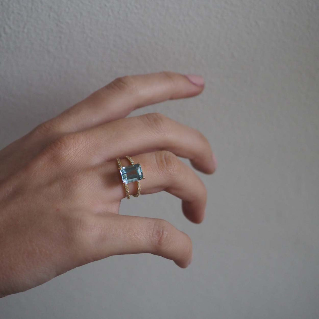 Emerald-cut Aquamarine and Diamond Ring in Yellow Gold, handcrafted in London